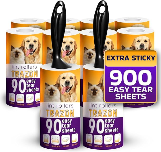 Lint Rollers Pet Hair Value 10 Pack of 900 Sheets / 10 Refills, Sticky Roller by TrazonProducts
