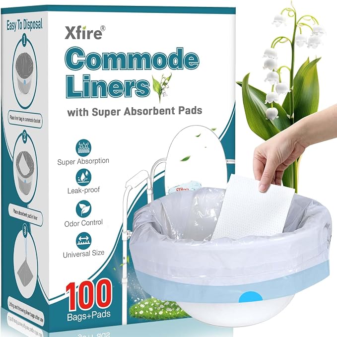 Commode Liners with Absorbent Pads- 100 Commode Bags+ 100 Commode Pads by Xfire-PetLovinMadeEasy