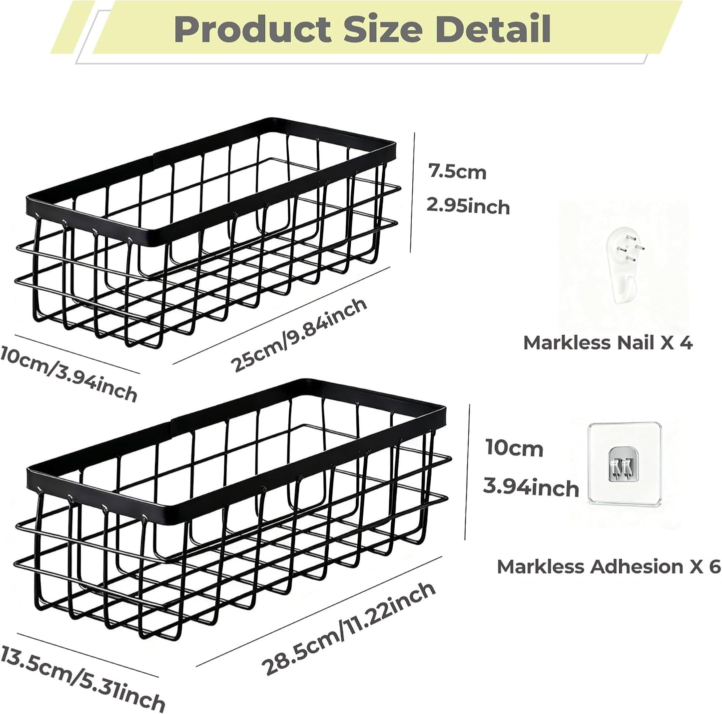 2PCS Adhesive Metal Wire Wall Storage Organizer Hanging Baskets Black M+L | Drill-free mount. Suitable for kitchen, bathroom, pantry, cabinet; serves as spice rack, shower caddy and storage organizer