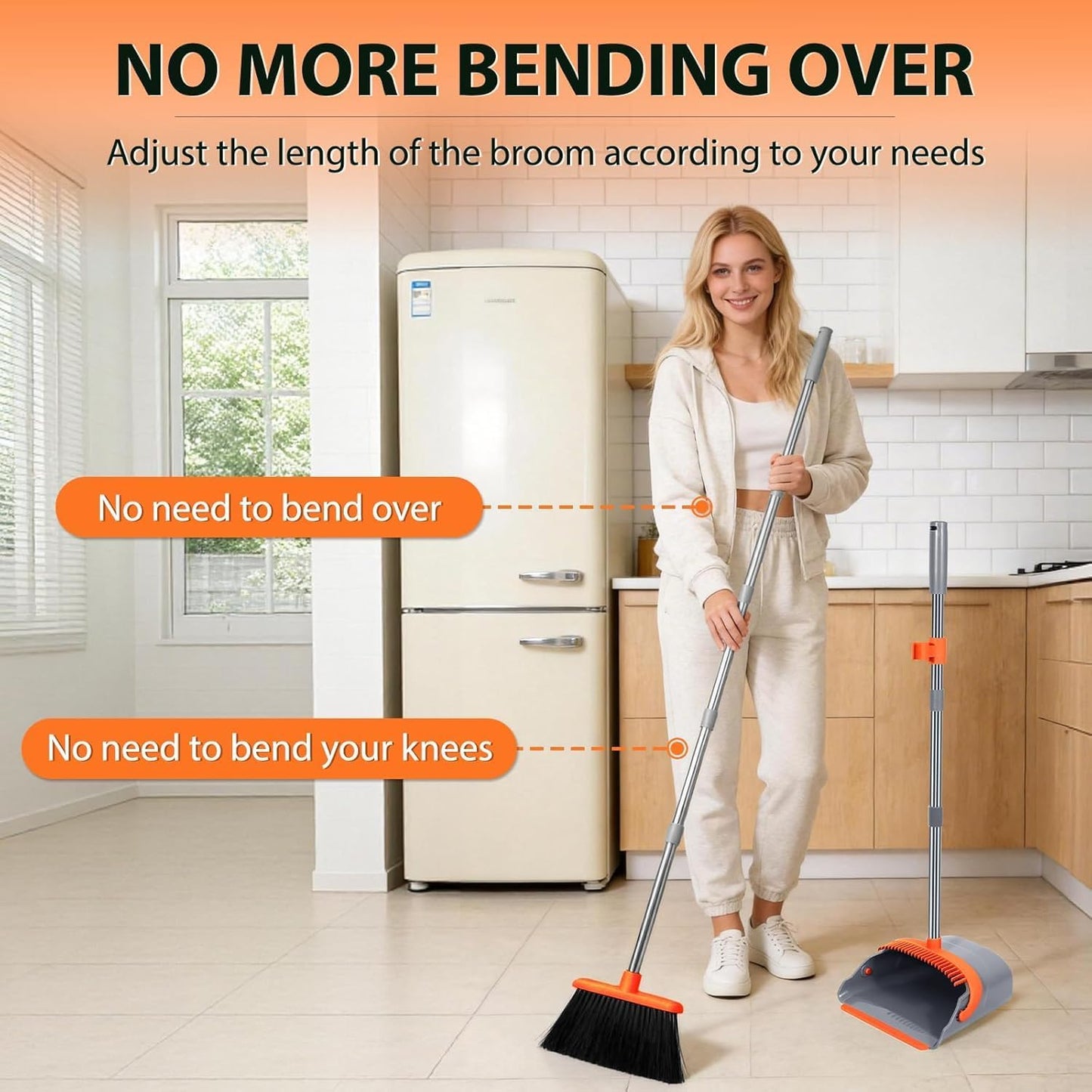 YZO Broom with Dustpan Combo Set, 56.1-Inch Long Handle Standing Design, Dustpan Front Rubber Tight Seal, Broom with 5-Layer Bristles, Suitable for Indoor Outdoor(Gray&Orange)