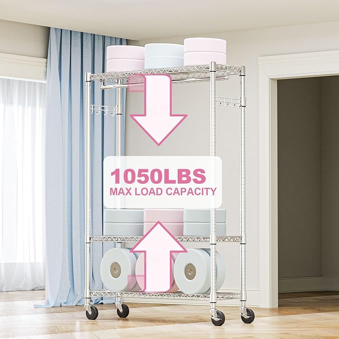 Heavy Duty Rolling Garment Rack 3 Tiers Adjustable Wire Shelving Clothes Rack - Image 5