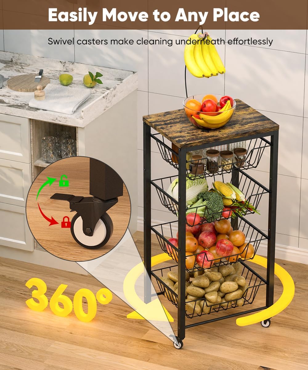 Fruit Vegetable Storage Cart for Kitchen, 5-Tier Vegetable Stand Rack with Pu...