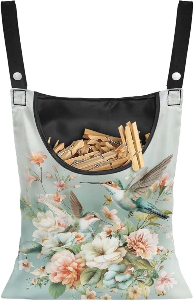 Hummingbird Floral Clothes Pin Bag to Hang On Line Reusable Clothespin Holder by CREAMIC