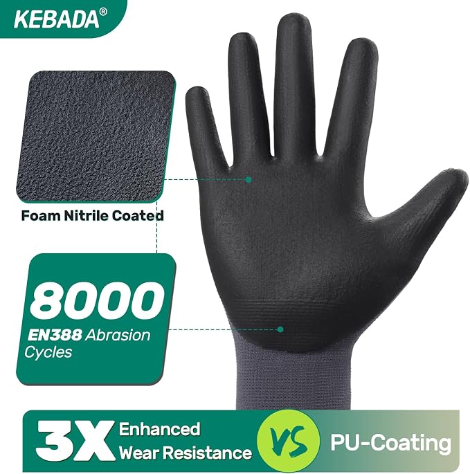 Kebada Work Gloves for Men and Women, Foam Nitrile Coated Safety Gloves - Image 2