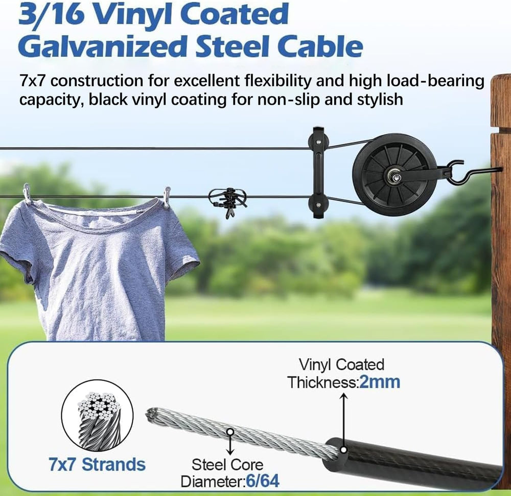 Outdoor Clothesline Kit, Black Clothes Line Pulley Kit Heavy Duty