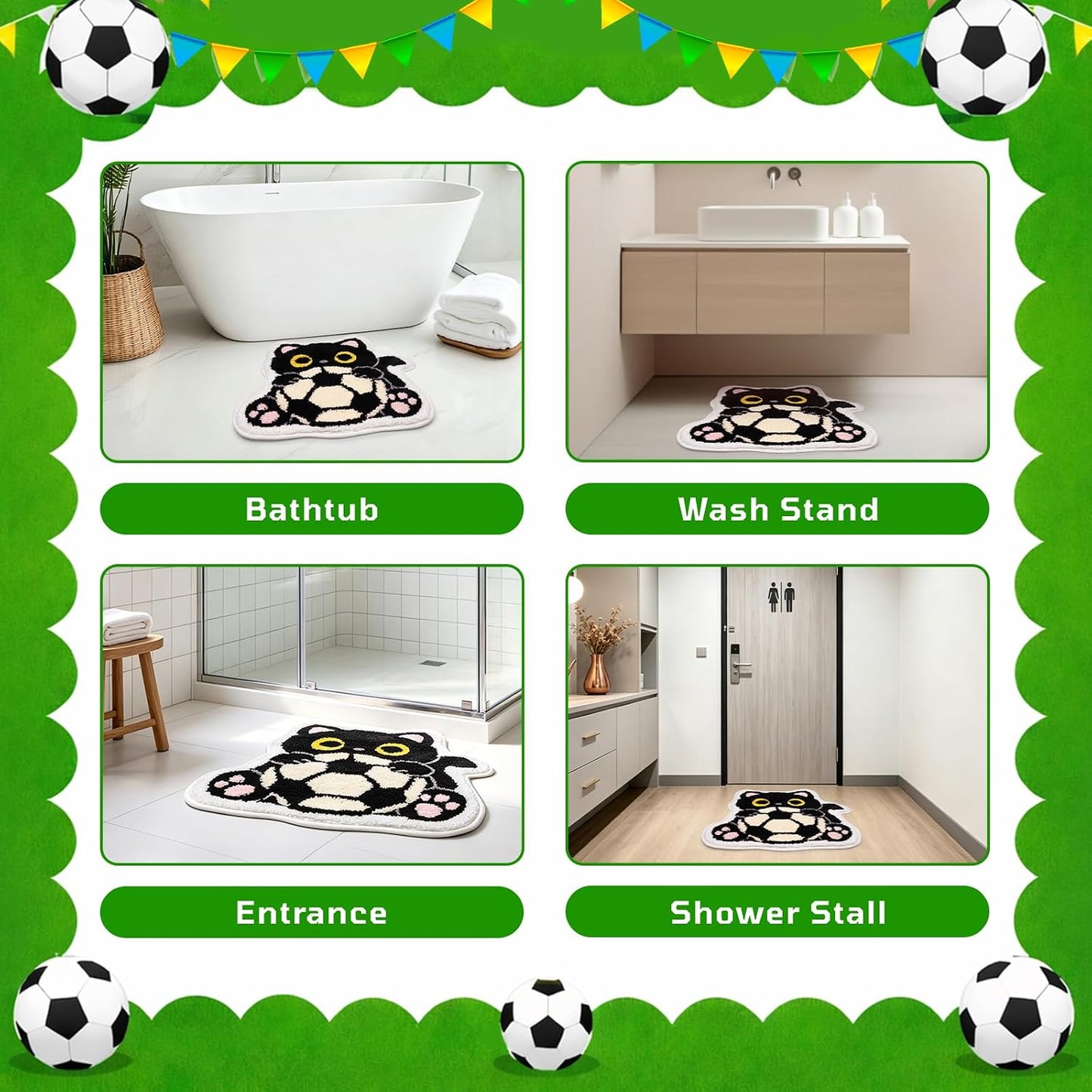 Black Cat Bath Mats for Bathroom,Sports Soccer Theme Cat Bathroom Mat with Holding Soccer,Soft Absorbent Non Slip Bath Rugs for Bathroom Shower Bedroom,24x21.2 Inch