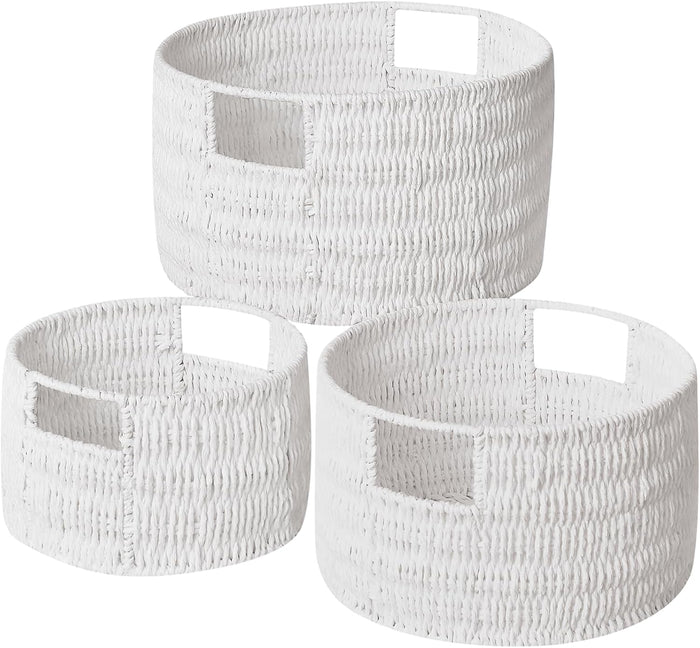 Vagusicc Wicker Storage Basket, Hand-Woven Paper Rope Large Round Woven Basket With Handles, Wicker Baskets for Organizing/Storage, White, 3-Pack