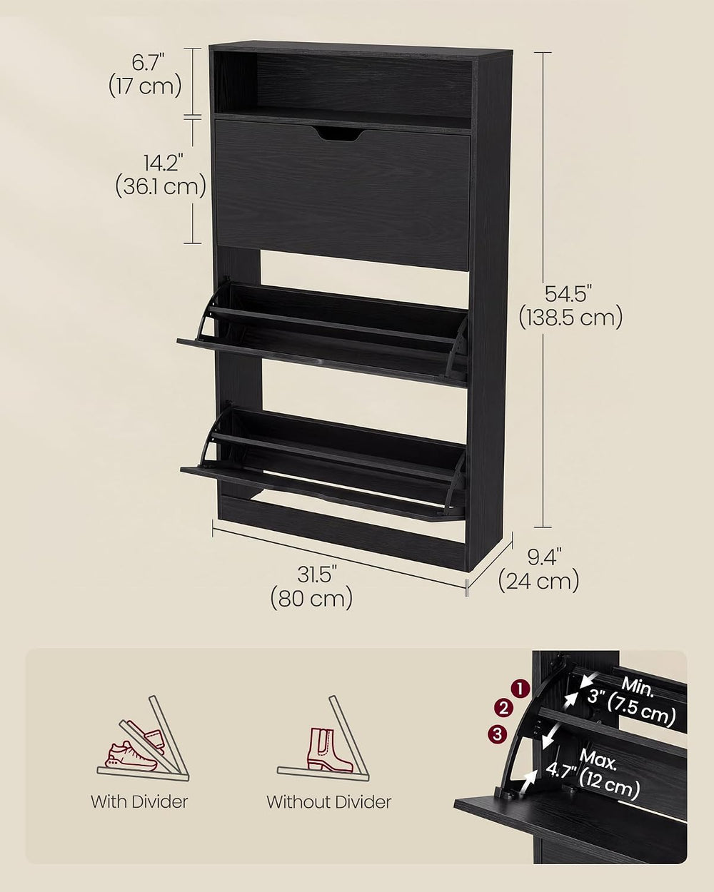 VASAGLE Shoe Cabinet with 3 Flip Drawers, Holds up to 24 Pairs of Shoes