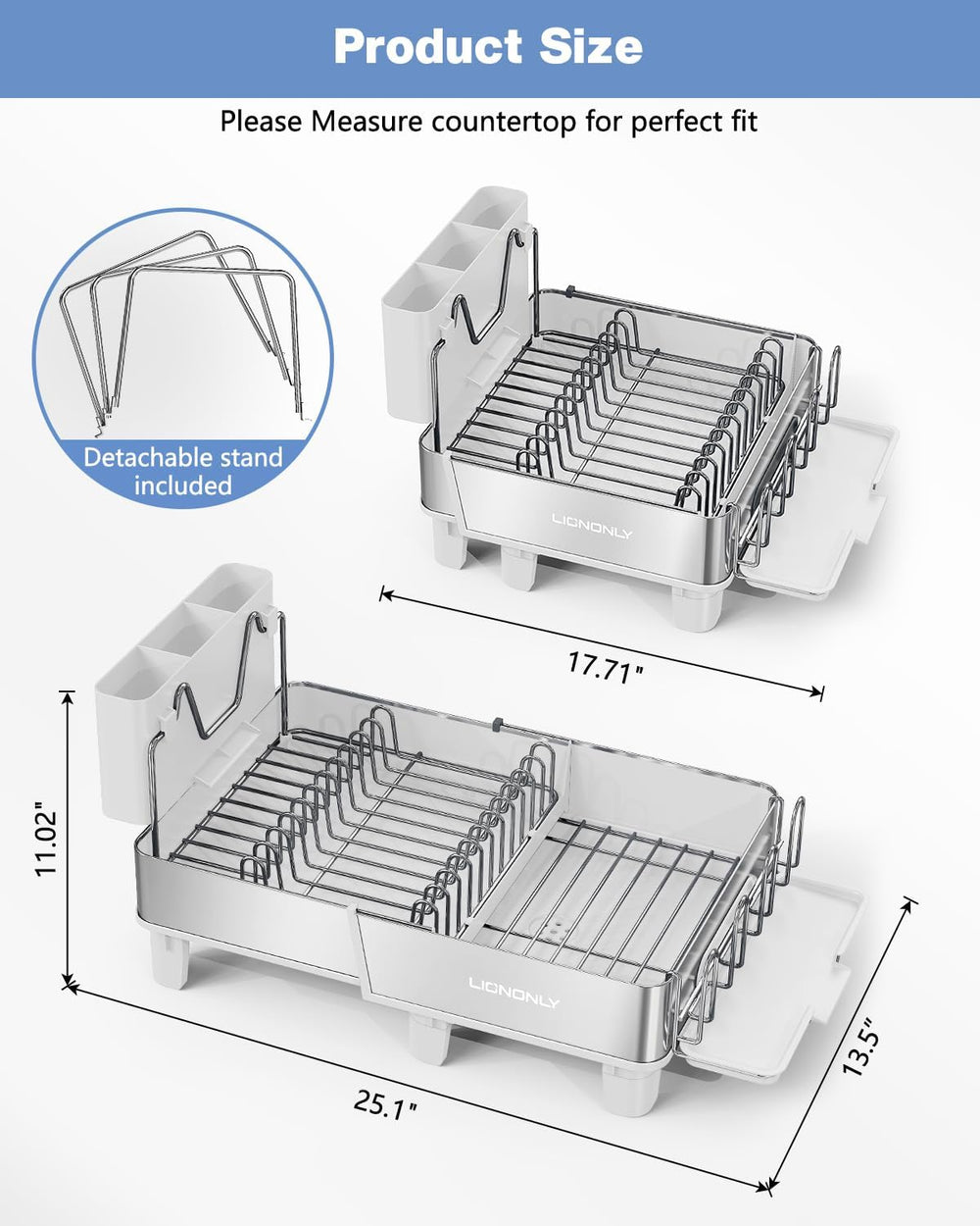 304 Stainless Steel Expandable Dish Drying Rack with Drain Spout, White
