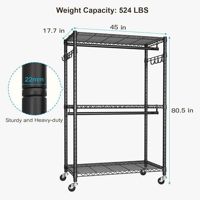 FUTASSI P1 Plus Rolling Clothes Rack, 22mm Diameter Heavy Duty Garment Rack - Image 6