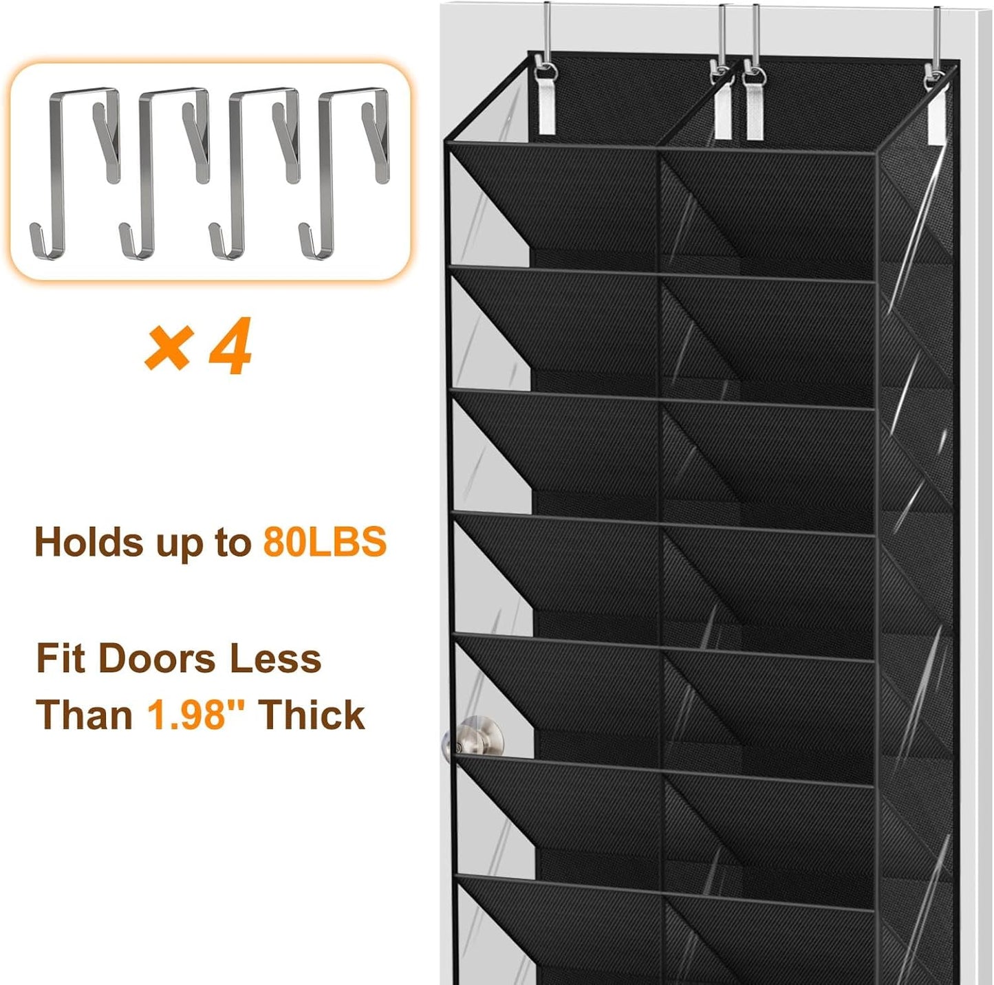20-30 Pairs Over the Door Shoe Organizer, Clear Pockets Hanging Shoe Storage for Closet, 10-Tier Door Shoes Rack, Handing Shoes Holder Fit All the Family's Sneakers, Boots, Heels, Black