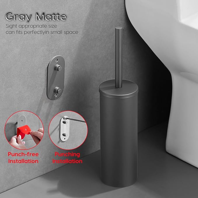 Stainless Steel Toilet Brush and Holder Set, No-Punch Hook Base Dual Purpose - Image 5
