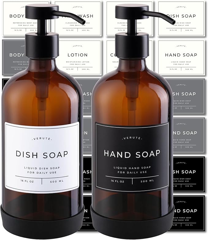 16oz Glass Soap Dispenser with Stainless Steel Pump, 21 Waterproof Labels by Verute