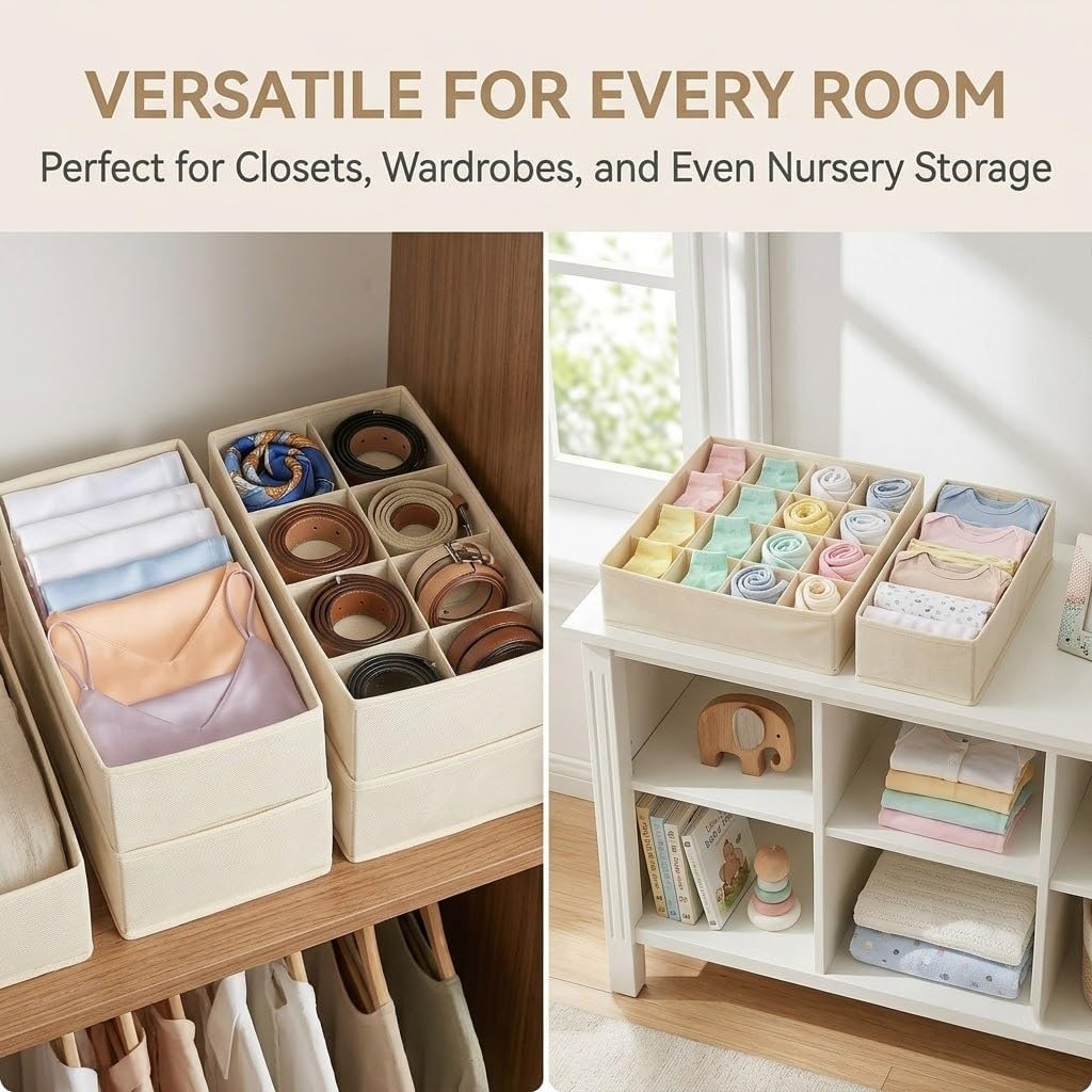 Lourome Underwear Drawer Organizer, 5-Pack, for Socks, Bras, Off-White | Fits Standard 13"+ Dressers, 55 Compartments, Storage Bins for Bedroom, Closet & Bathroom