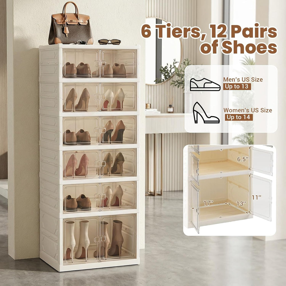 GOFLAME Foldable Shoe Rack Organizer, 6-Tier 12 Pairs Collapsible Shoe Cabine...