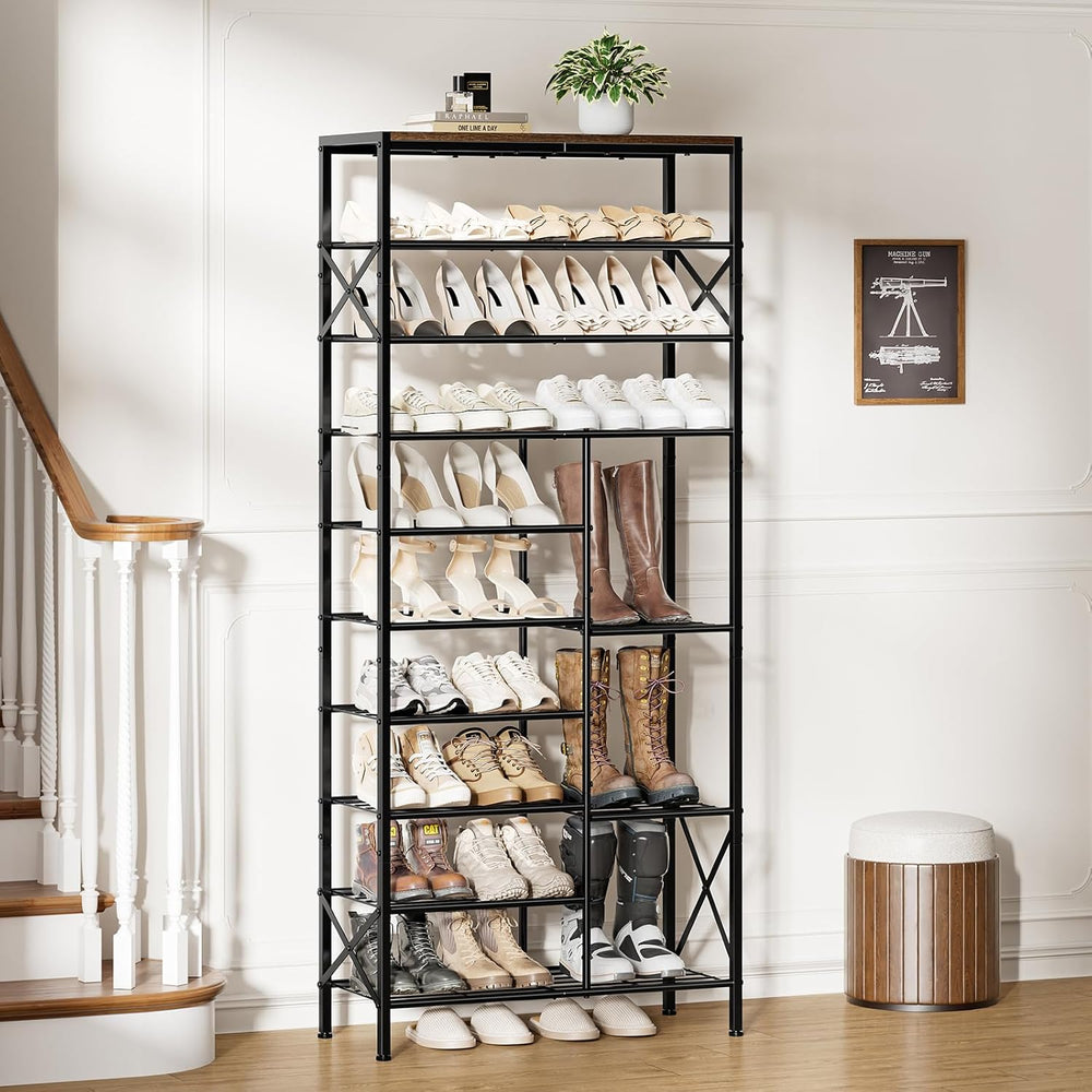 10-Tier Shoe Rack, Boot Storage for Closet, Rustic Brown