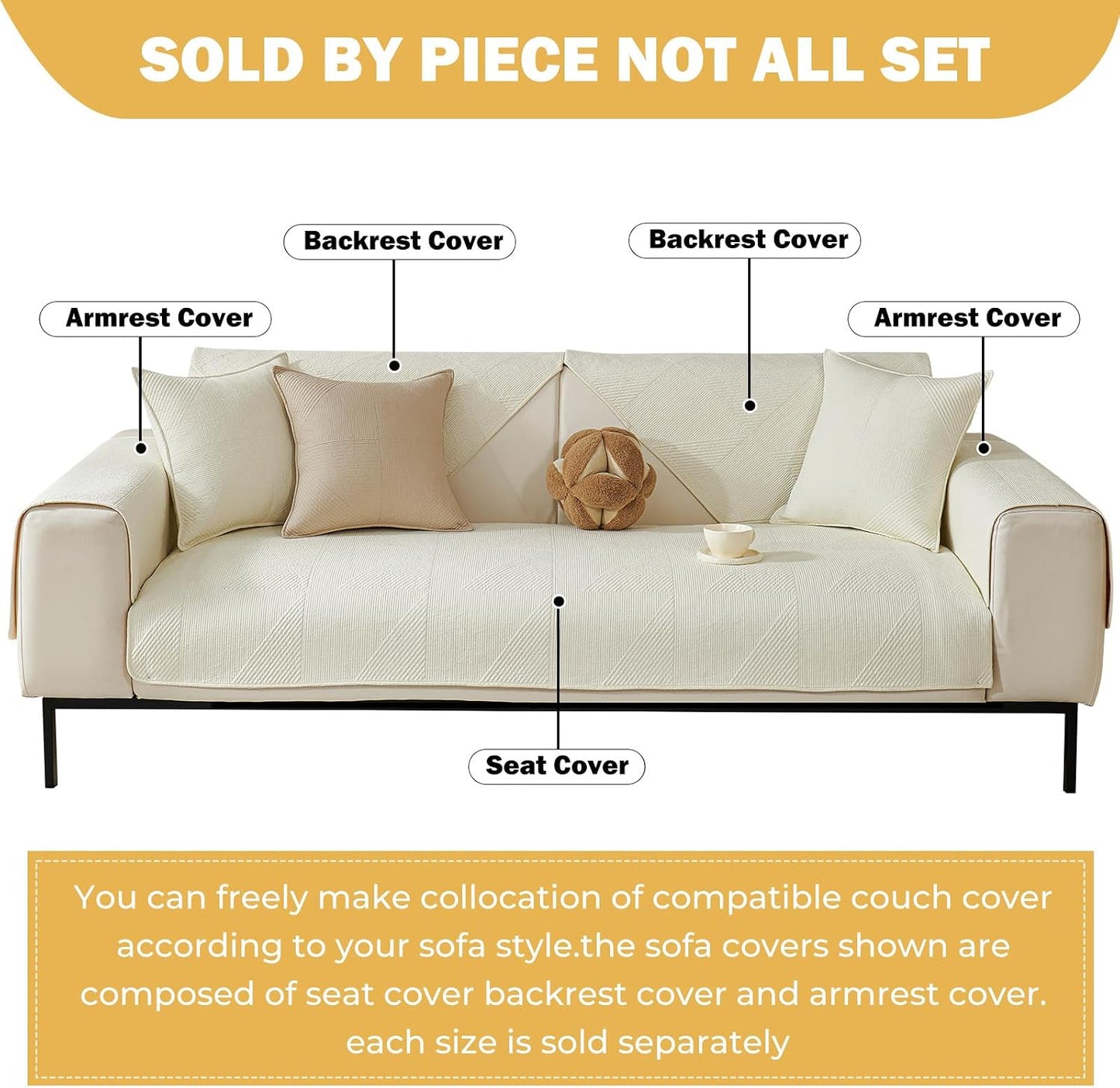 vctops Cotton Quilted Couch Cover for Dogs Washable, Non Slip Sectional Sofa Cover, Farmhouse Sofa Slipcovers for 3 Cushion Couch Sofa L Shaped Recliner, Furniture Protector Covers (Cream,36"x63")