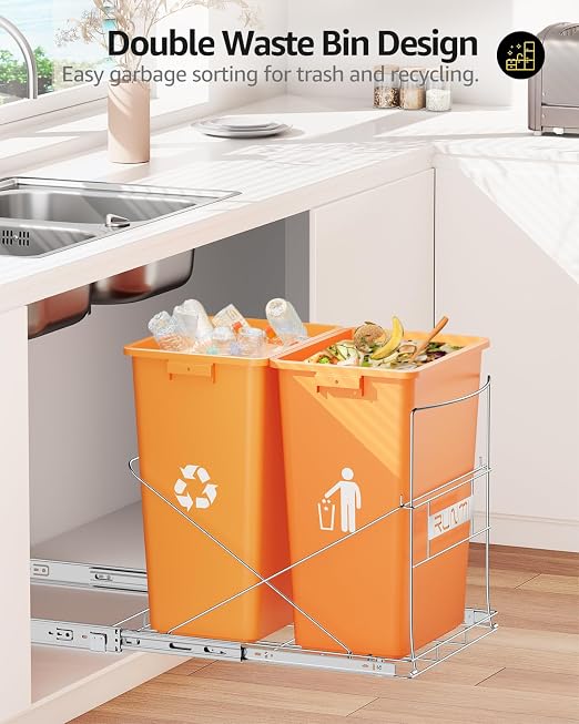 Double 37 Quart Pull Out Trash Can Under Cabinet, Under Sink Trash Rack - Image 3