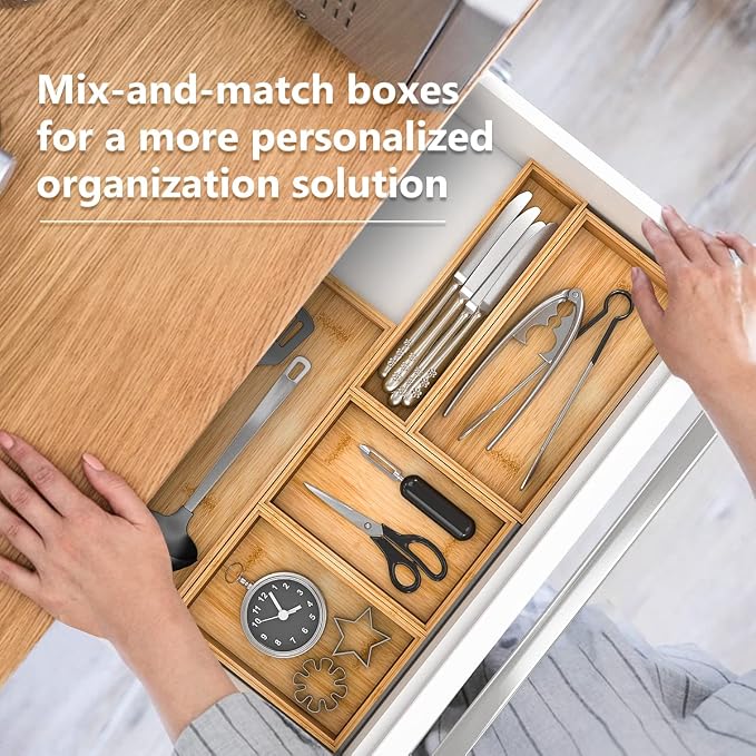 Bamboo Kitchen Drawer Organizer, Stackable Silverware Tray Utensil Organizer - Image 2