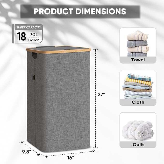 BALEINE Laundry Hamper with Lid, Tall Laundry Baskets with Bamboo Pull Handles - Image 4