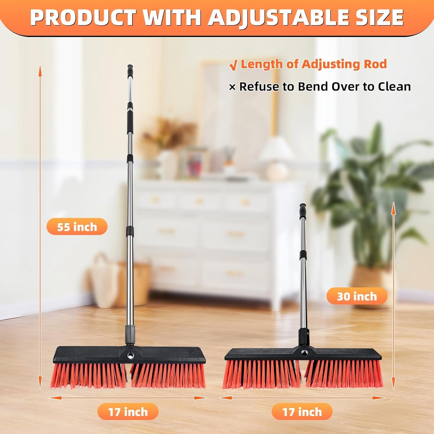 Push Broom, Heavy Duty Outdoor Broom with 55" Long Handle for Cleaning of Patios, Driveways, Garages, Patios, Warehouses and Concrete Floors, 18 Inches