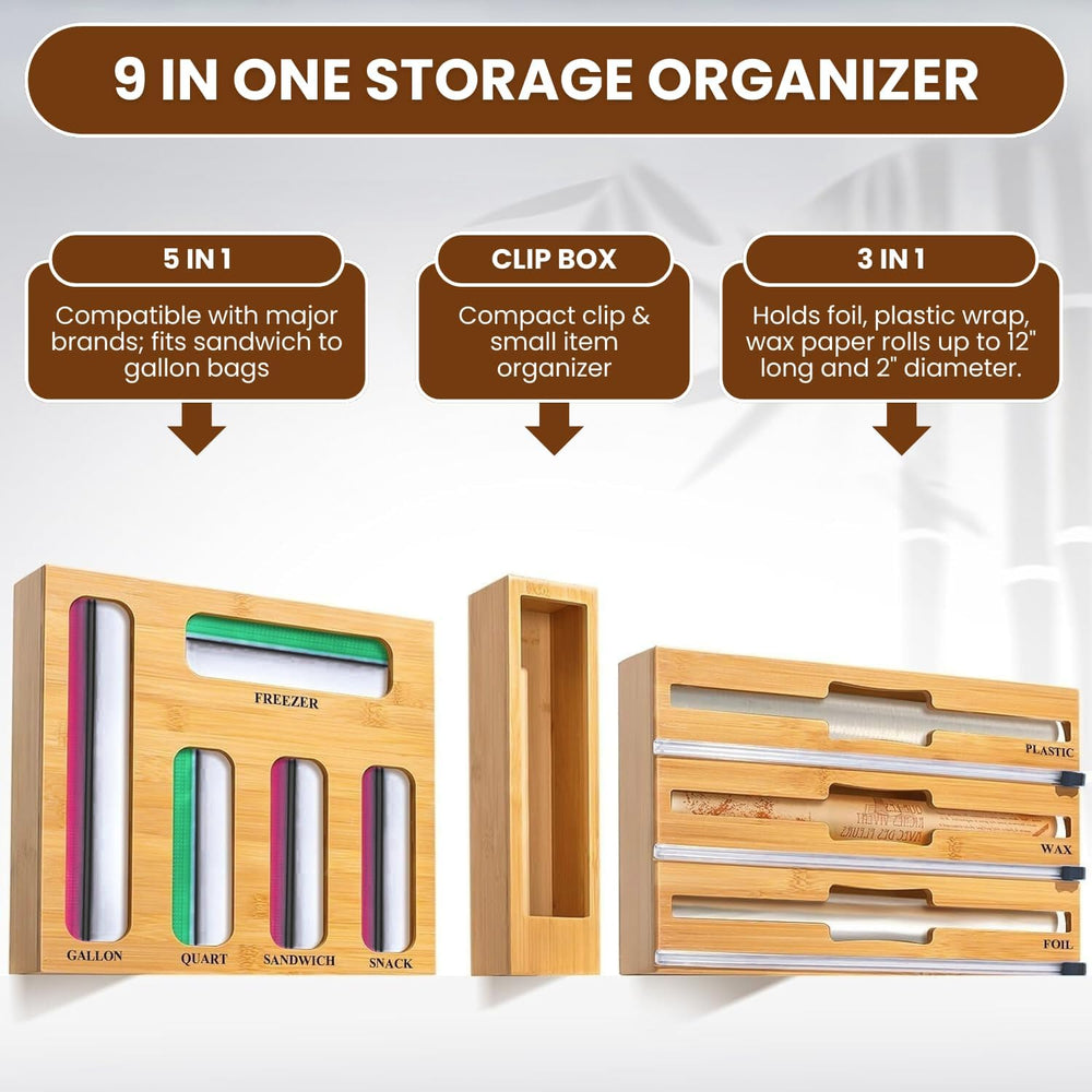 9-in-1 Bamboo Kitchen Drawer Organizer - Storage Bag Holder with Built-In Foi...
