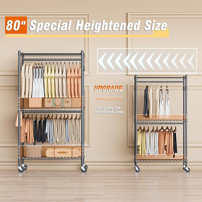 Homdox Garment Rack Heavy Duty, 3 Tier Rolling Clothing Racks - Image 2