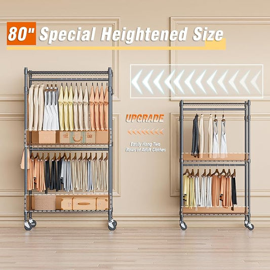 Homdox Garment Rack Heavy Duty, 3 Tier Rolling Clothing Racks - Image 2