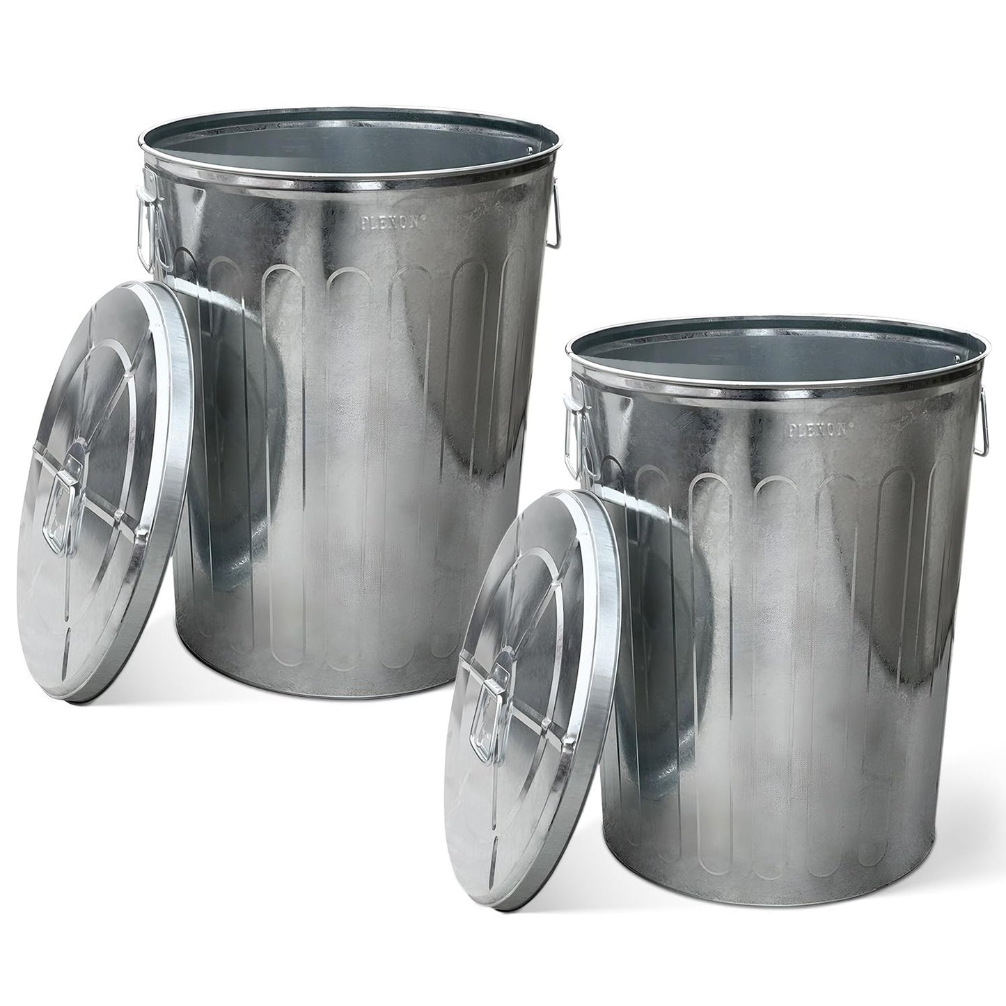 Plexon 20 Gallon Metal Trash Can with Lid Outdoor Large Trash Bin Galvanized Steel Garbage Can for Farm Garage Patio Ash Bucket Bird Seed Storage Can Heavy Duty Round Container, 2 Pack