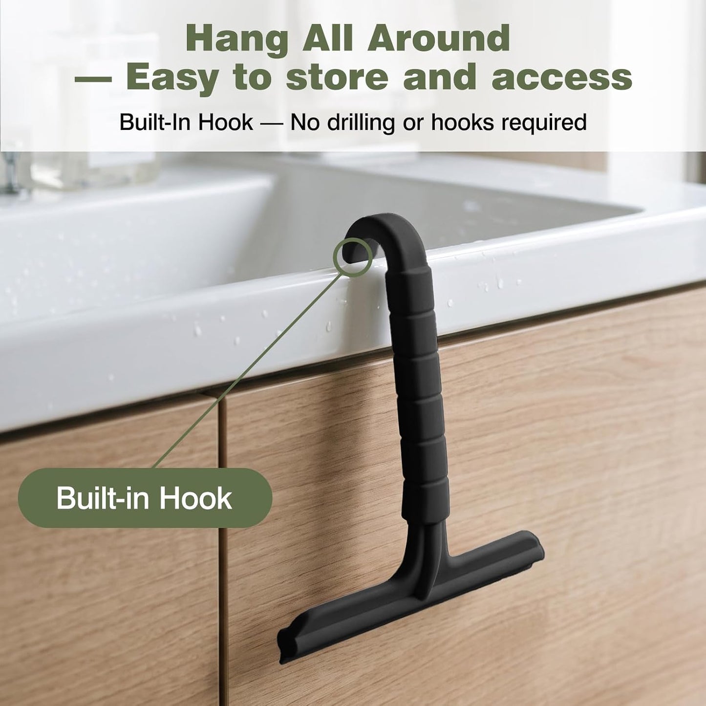 Roylvan Silicone Shower Squeegee for Glass Doors with Built-in Hook, Black | All-in-One Shower Squeegee with Ergonomic Grip, Household Window Mirror Cleaner for Bathroom Glass Kitchen Tile Wall Car