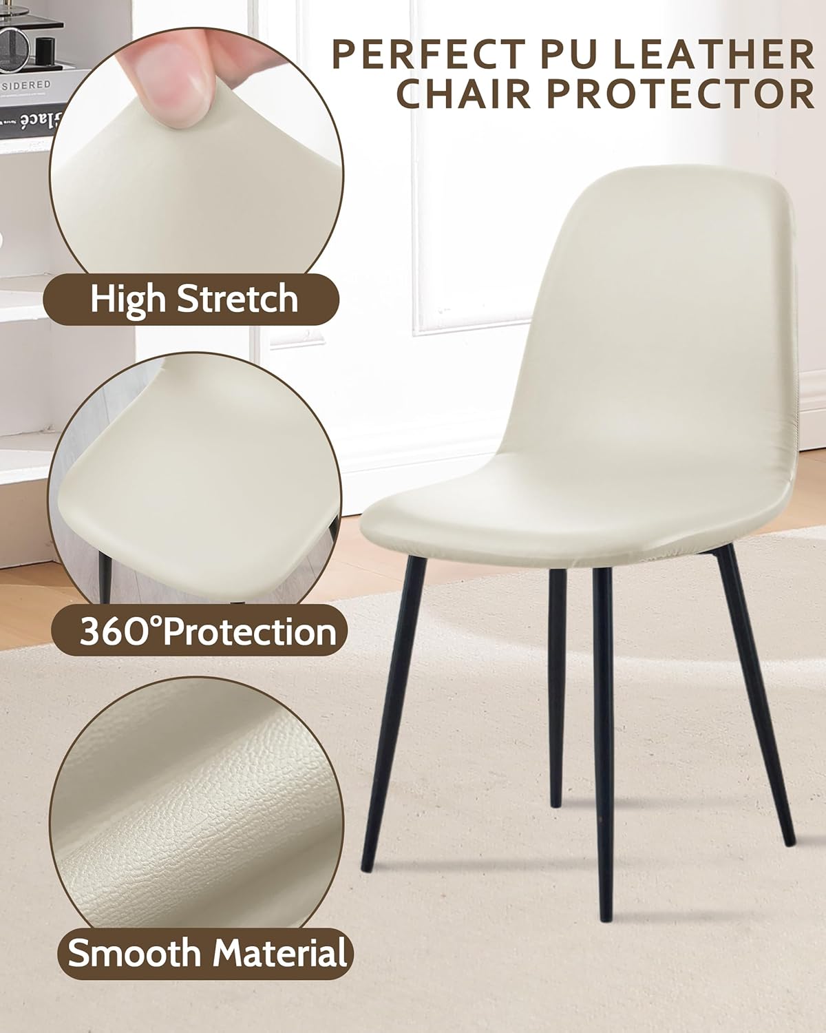 FUANGUI Waterproof PU Leather Mid Century Modern Dining Chair Cover Set of 4, Stretch Covers for Shell Dining Chairs, Lounge Armless Chairs Slipcover for Kitchen Living Room Side Chairs -Off-White