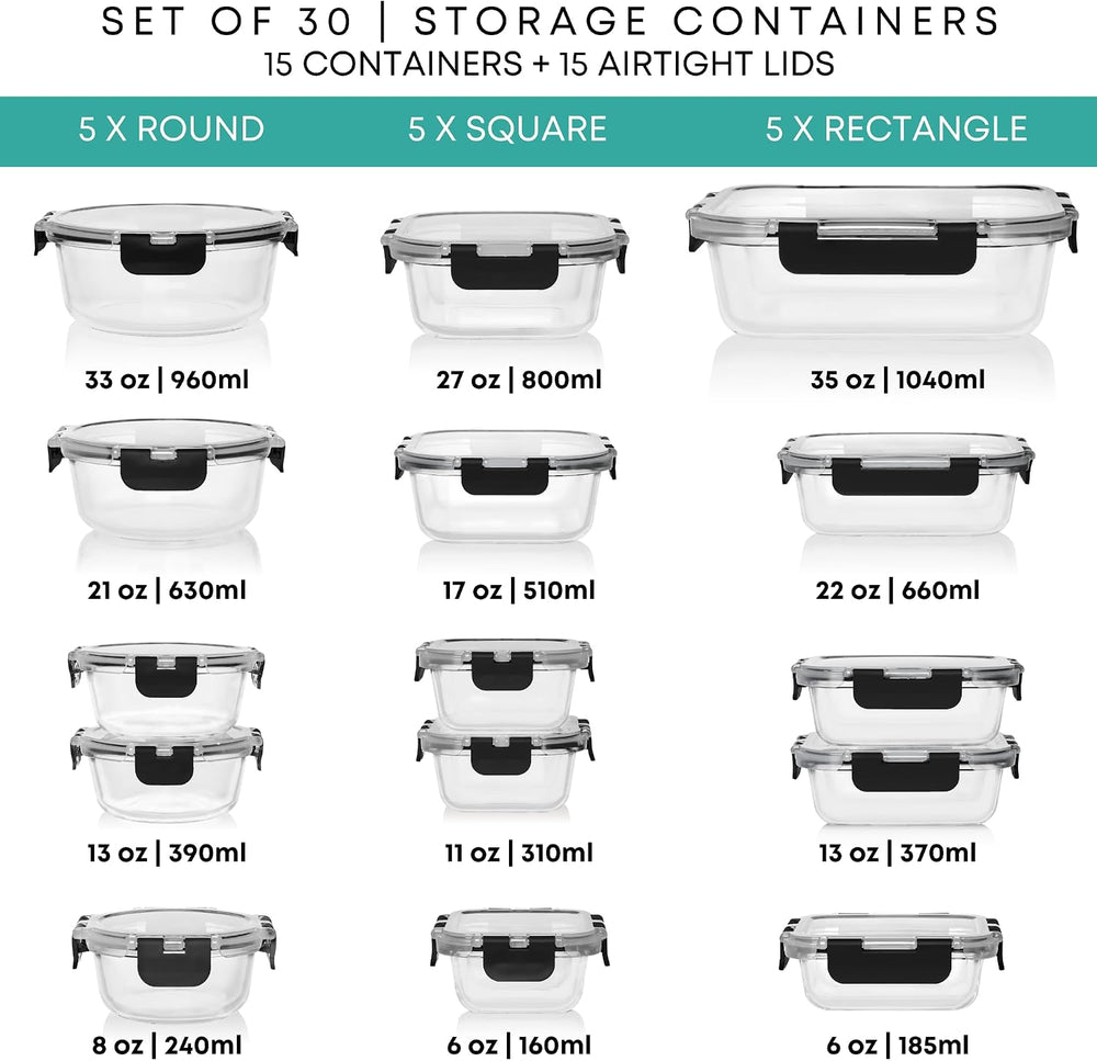 Razab 30 PC Glass Food Storage Containers with Lids - Reusable Glass Meal Pre...