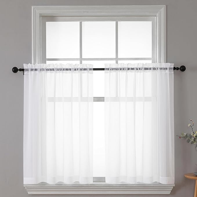 Chyhomenyc White Sheer Curtains 30 inch Length 2 Panels, Light Filtering Voile by Chyhomenyc
