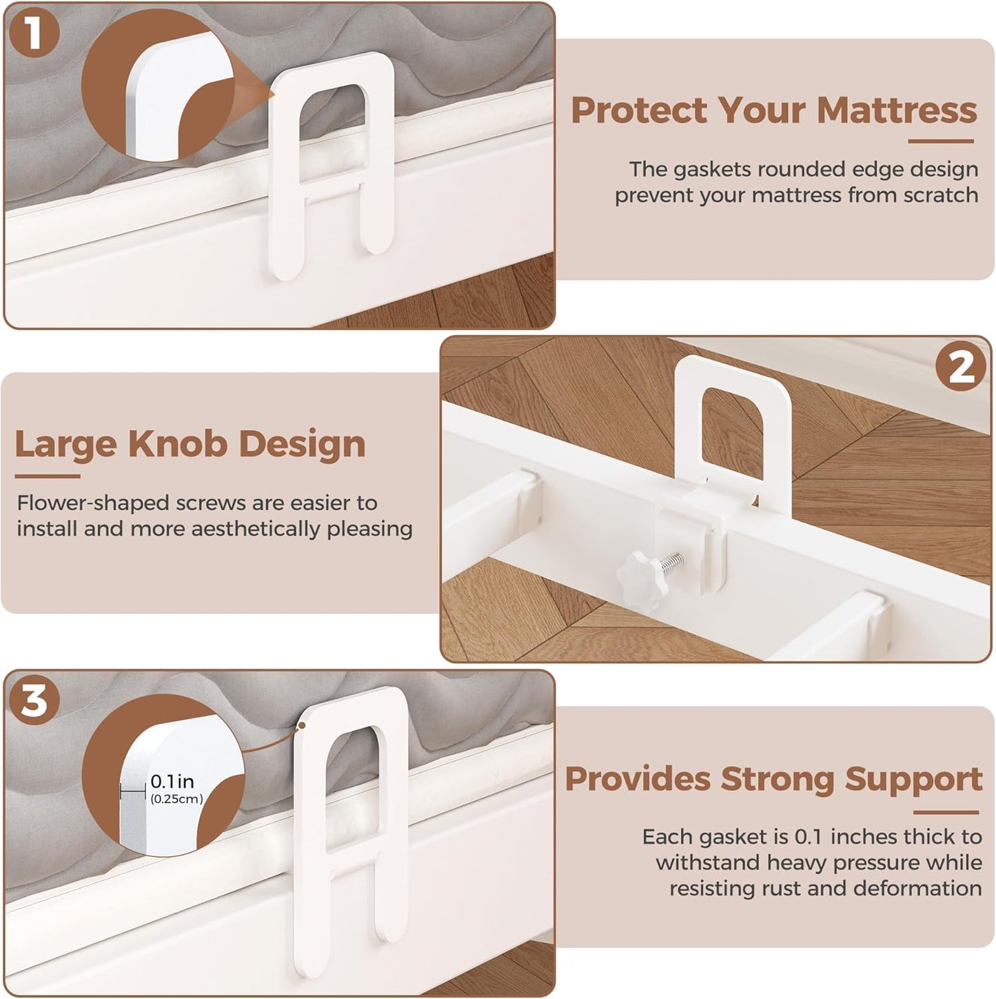 EMODA 6 PCS Mattress Stoppers to Prevent Sliding, Adjustable Non Slip Mattress Holder for Metal Bed Frame, Keep in Place Sliding Gripper, Adjustable Anti-Slip Baffle, White