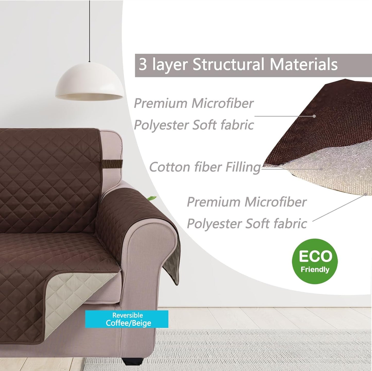 U-NICE HOME Reversible Sofa Cover Washable Couch Cover for Dogs Friendly with Elastic Straps Water Repellent Furniture Protector for 3 Cushion Couch (Sofa, Coffee/Beige)