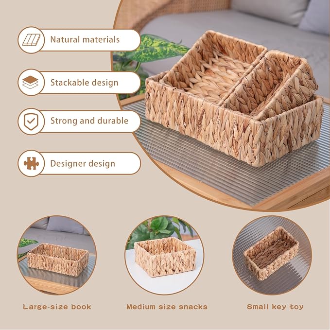 Handwoven Wicker Storage Baskets Set, Natural water hyacinth & Iron Frame | - Image 5