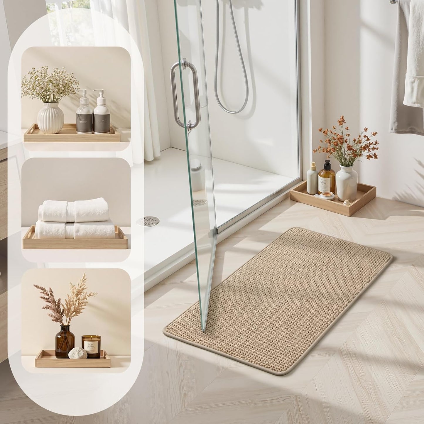 HOMEIDEAS Bathroom Rugs Set 2 Piece, Ultra Thin Non-Slip Bath Mats Rubber Backed, Chenille Absorbent Quick Dry Mats for Shower & Vanity, Low Profile Fits Under Door (Beige, 32"x20"+24"x17")