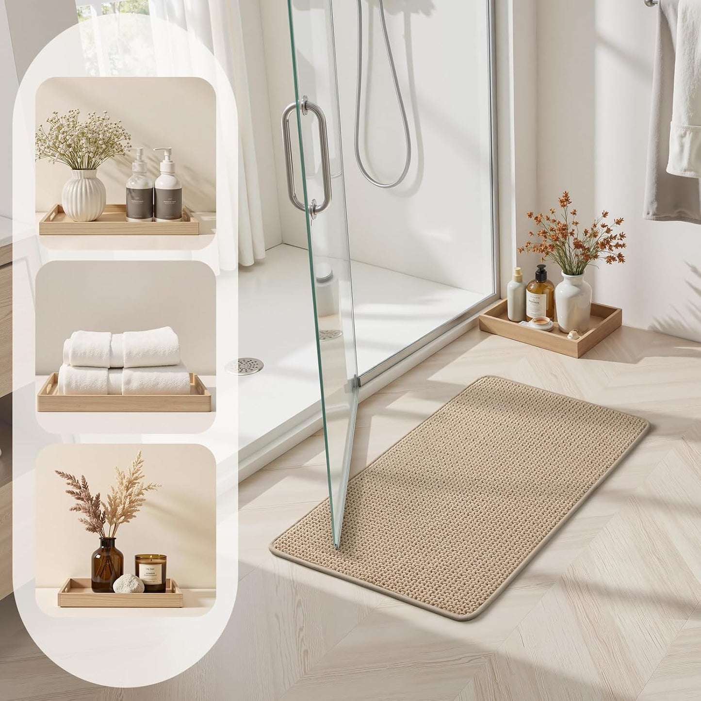 HOMEIDEAS Bathroom Rugs Set 2 Piece, Ultra Thin Non-Slip Bath Mats Rubber Backed, Chenille Absorbent Quick Dry Mats for Shower & Vanity, Low Profile Fits Under Door (Beige, 32"x20"+24"x17")