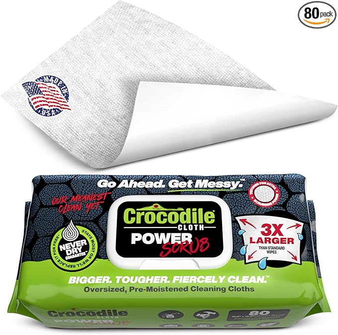 Crocodile Cloth PowerSCRUB Cleaning Wipes – 80 Dual-Surface Cloths, Heavy-Duty by CrocodileCloth