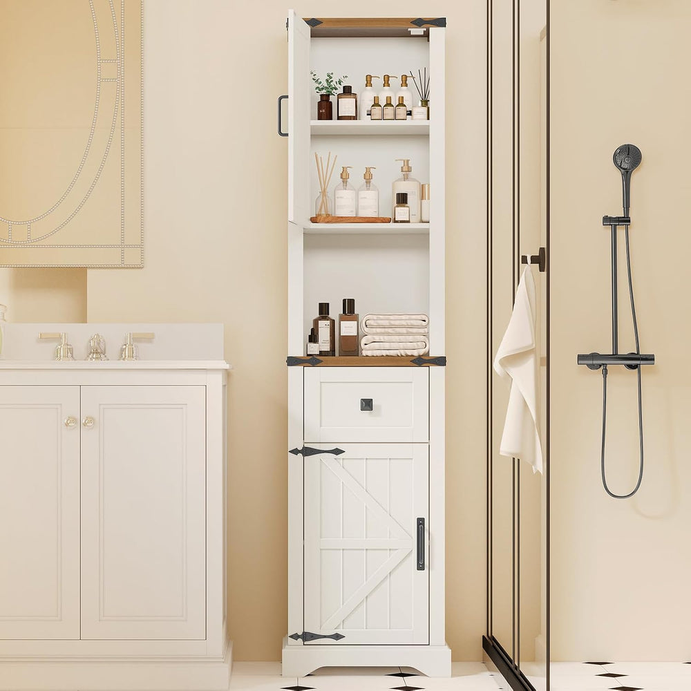 66" Tall Farmhouse Bathroom Storage Cabinet with Barn Doors,Unique White