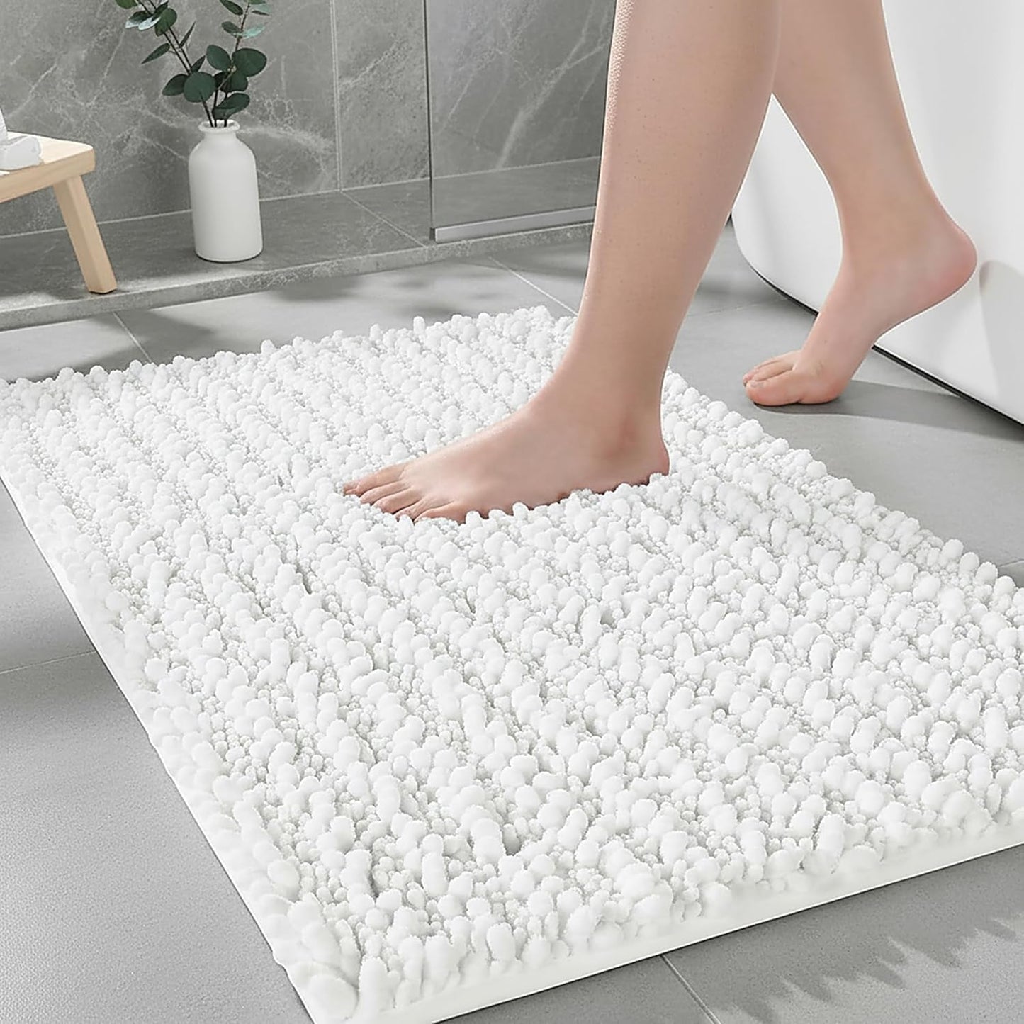 Bathroom Rugs Non Slip Washable 32x20, Extra Thick Soft Chenille Absorbent Bath Mat, High Density Barrier Non Slip Backing, Quick Dry Plush Shaggy Floor Carpet for Tub&Shower, White