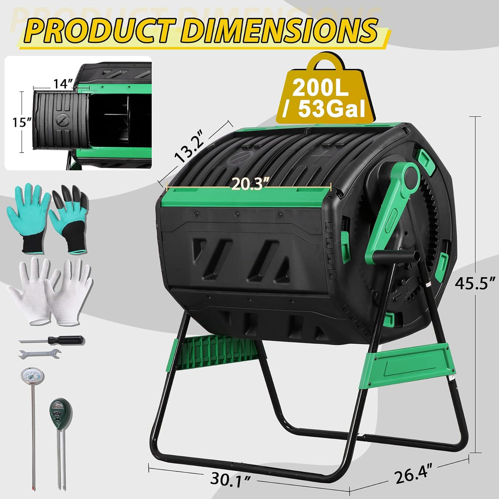 F2C 53Gal Dual Chamber Compost Tumbler, Octagonal Outdoor Compost Bin w/Therm...