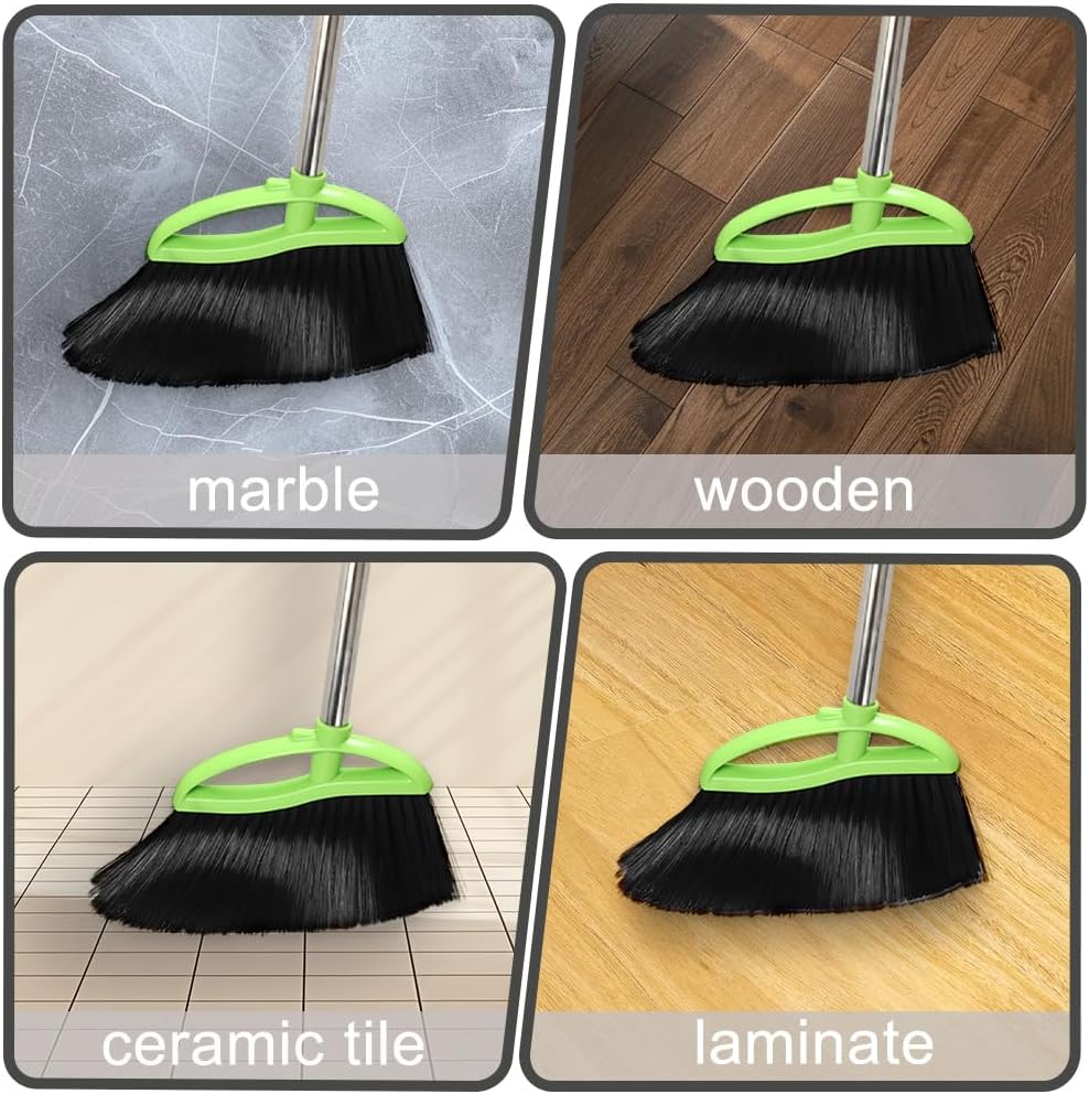 Soft Bristles Green Angle Broom with Long Handle Indoor Sweeping Broom for Home Kitchen Hardwood Floor Cleaning