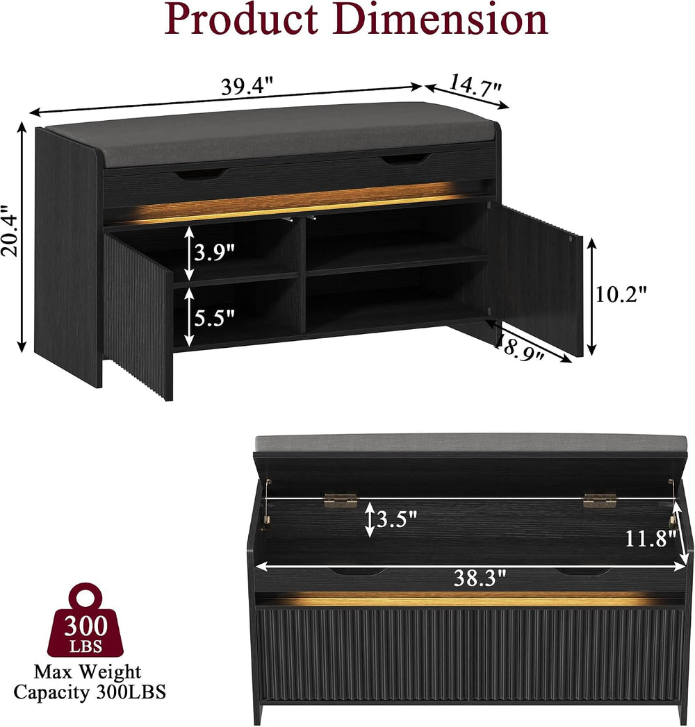 HOMEFORT Shoe Storage Bench, Modern Entryway Bench with Fluted Doors & Bu...