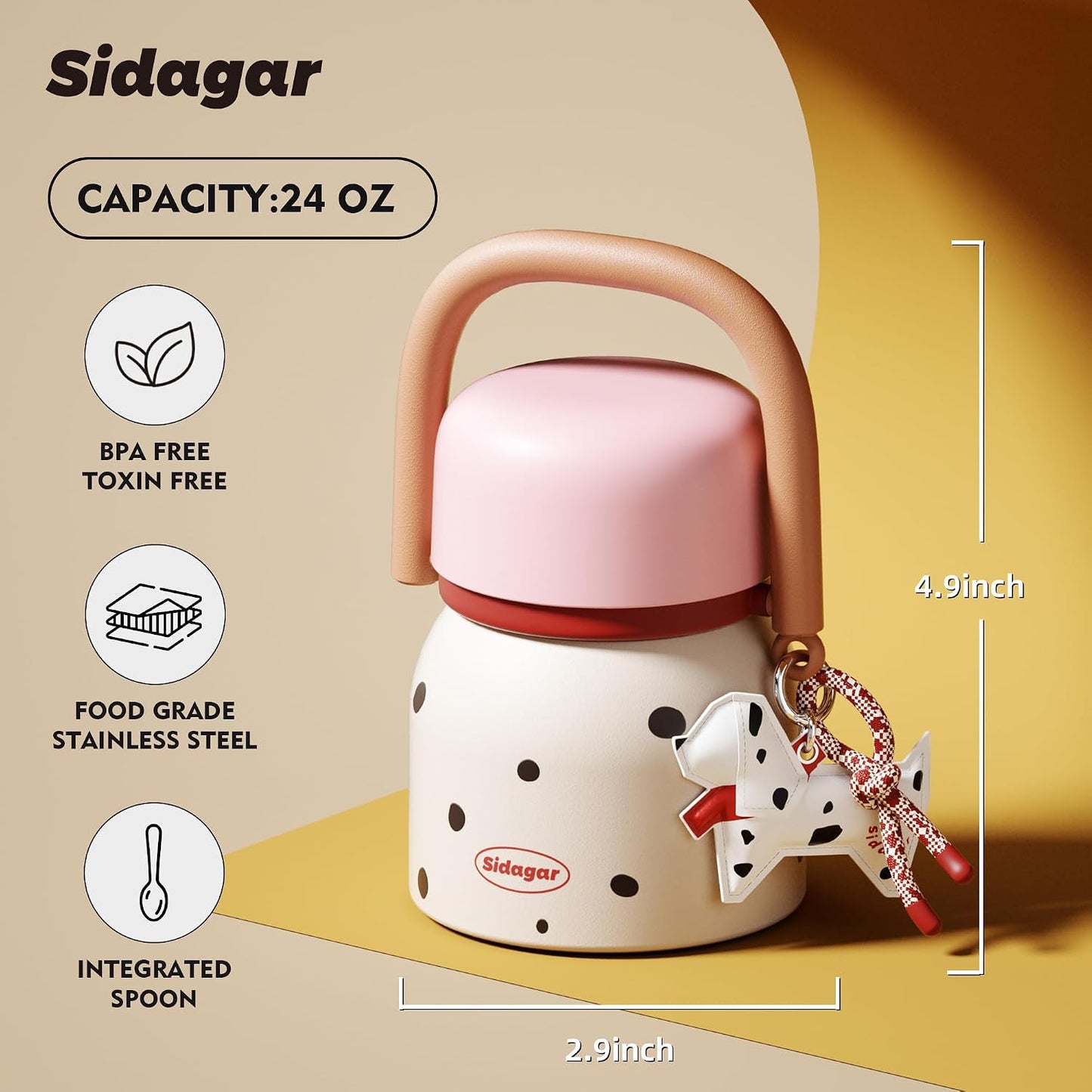 24 oz Insulated Food Jar with Handle, Aesthetic Stainless Steel Vacuum Lunch Container for School Office, Keep Hot/Cold Soup, Oatmeal, Smoothie Bowl, Peach Mocha Dot