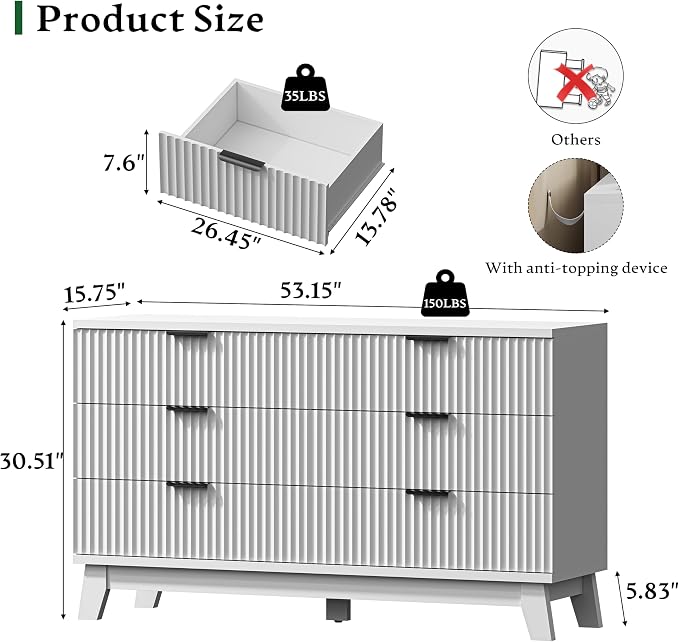 Fluted Dresser with 6 Drawers, Wooden Dresser TV Stand, Wood Closet Clothes - Image 2