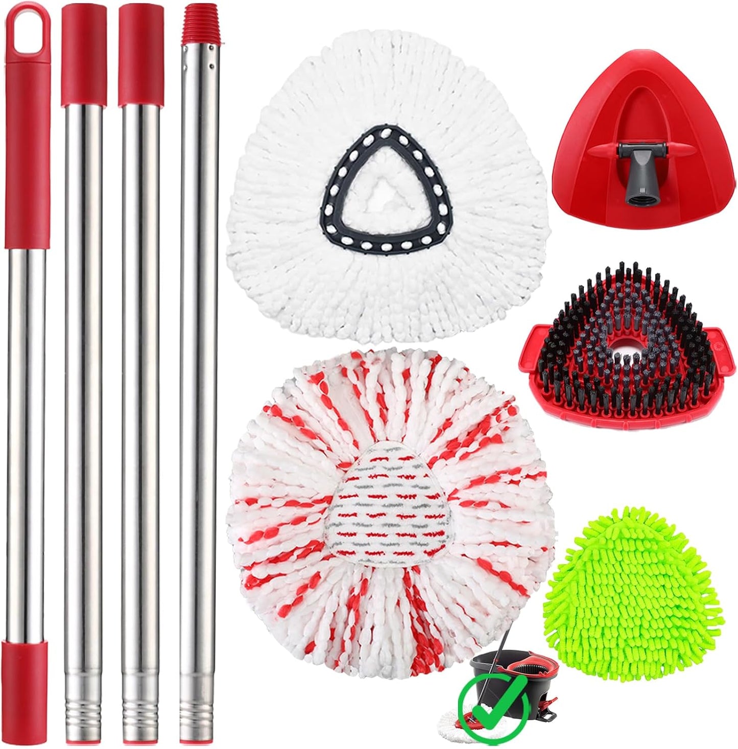 Mop Heads Replacement Handle Set for Ocedar Spin Mops EasyWring 1-Tank System, Includes 2 Microfiber Refills, 1 Chenille Head, 4-Section Iron 30-58" Mop Handle, 1 Scrub Brush, 1 Spin Base for O-Cedar