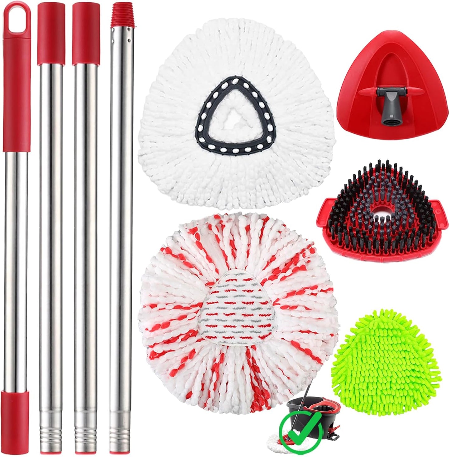 Mop Heads Replacement Handle Set for Ocedar Spin Mops EasyWring 1-Tank System, Includes 2 Microfiber Refills, 1 Chenille Head, 4-Section Iron 30-58" Mop Handle, 1 Scrub Brush, 1 Spin Base for O-Cedar