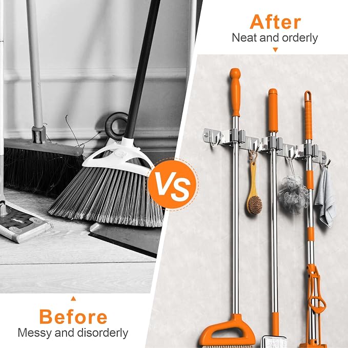 Mop and Broom Holder Wall Mount, Upgraded Broom Organizer Wall Mount, Stainless - Image 2