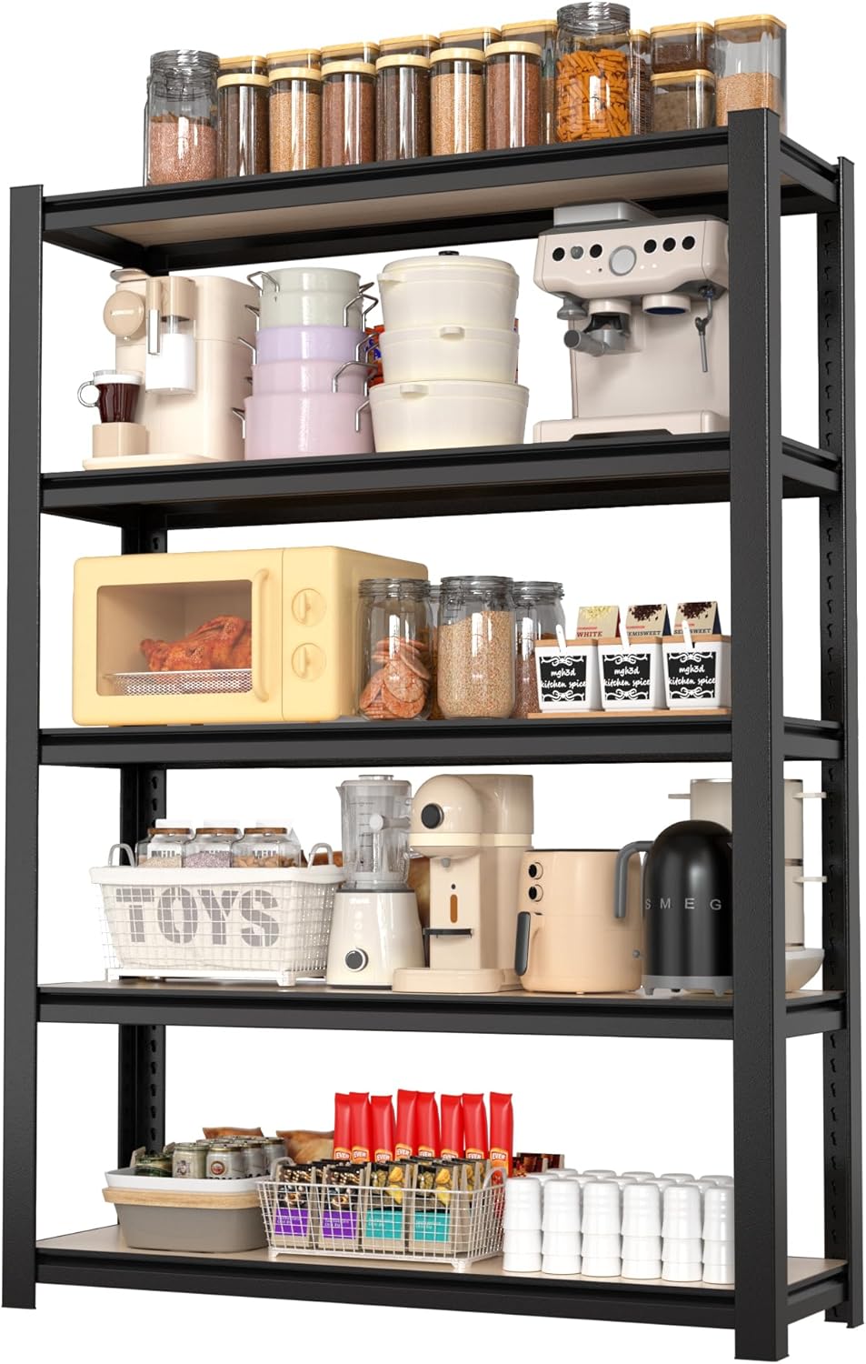 WORKPRO 5-Tier Black Shelving with Board, 36.2”Wx16.5”Dx72”H, 3000LBS Load